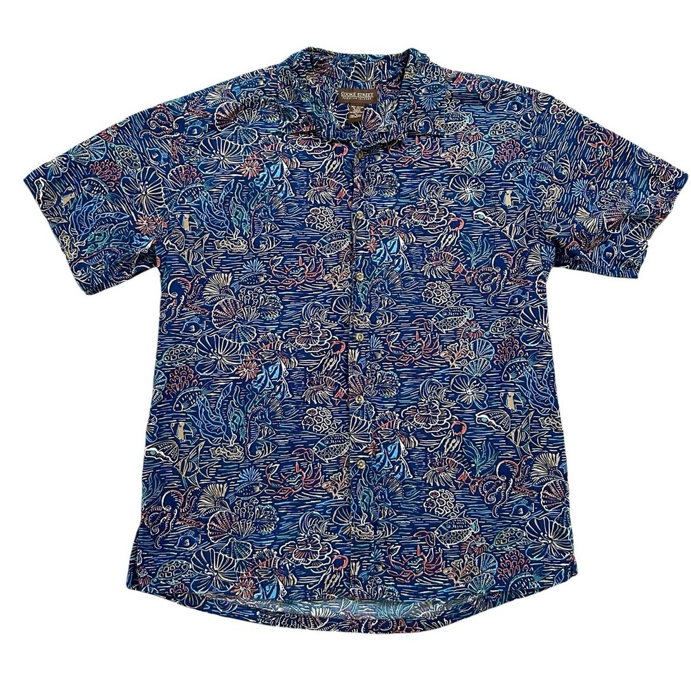 Cooke Street‎ Hawaiian Shirt Men's XL Sea Crabs Octopus Fish Blue Cotton Resort